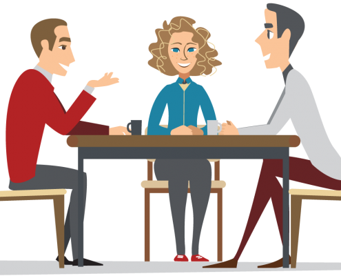 illustratie waarop drie personen een informeel gesprek voeren in het kader van de informele aanpak